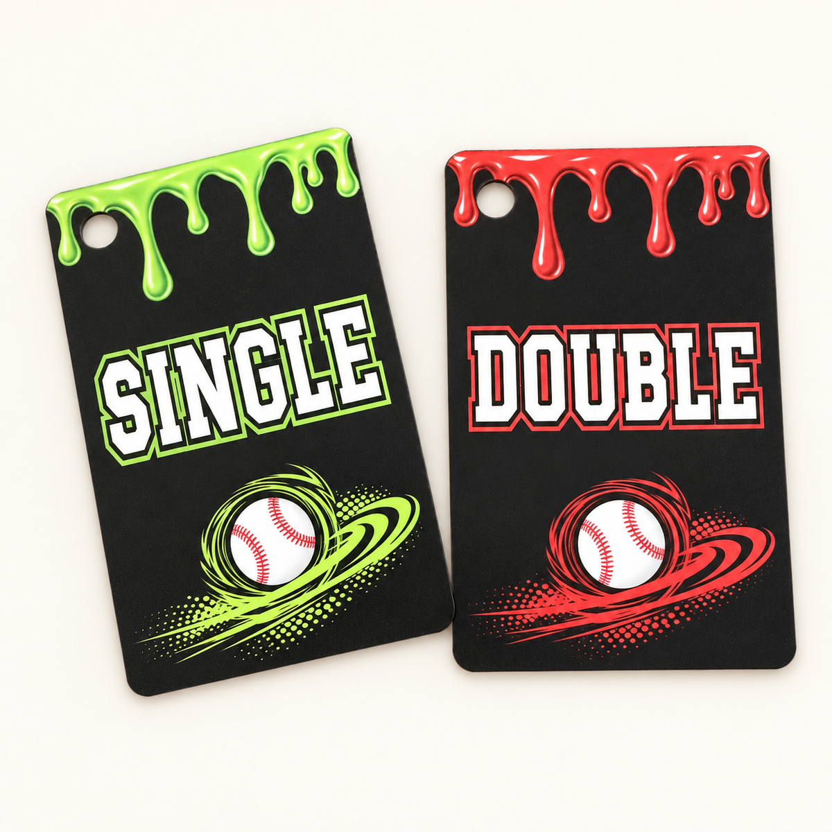 Green Single and red Double baseball achievement bag tags with colorful drip designs and white baseball graphics
