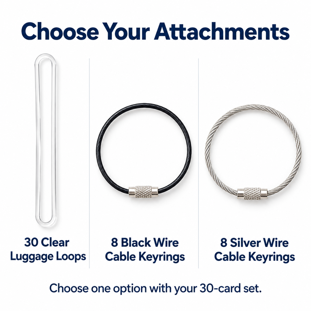 Attachment options for baseball achievement tags: 30 clear luggage loops, 8 black wire cable keyrings, or 8 silver wire cable keyrings.