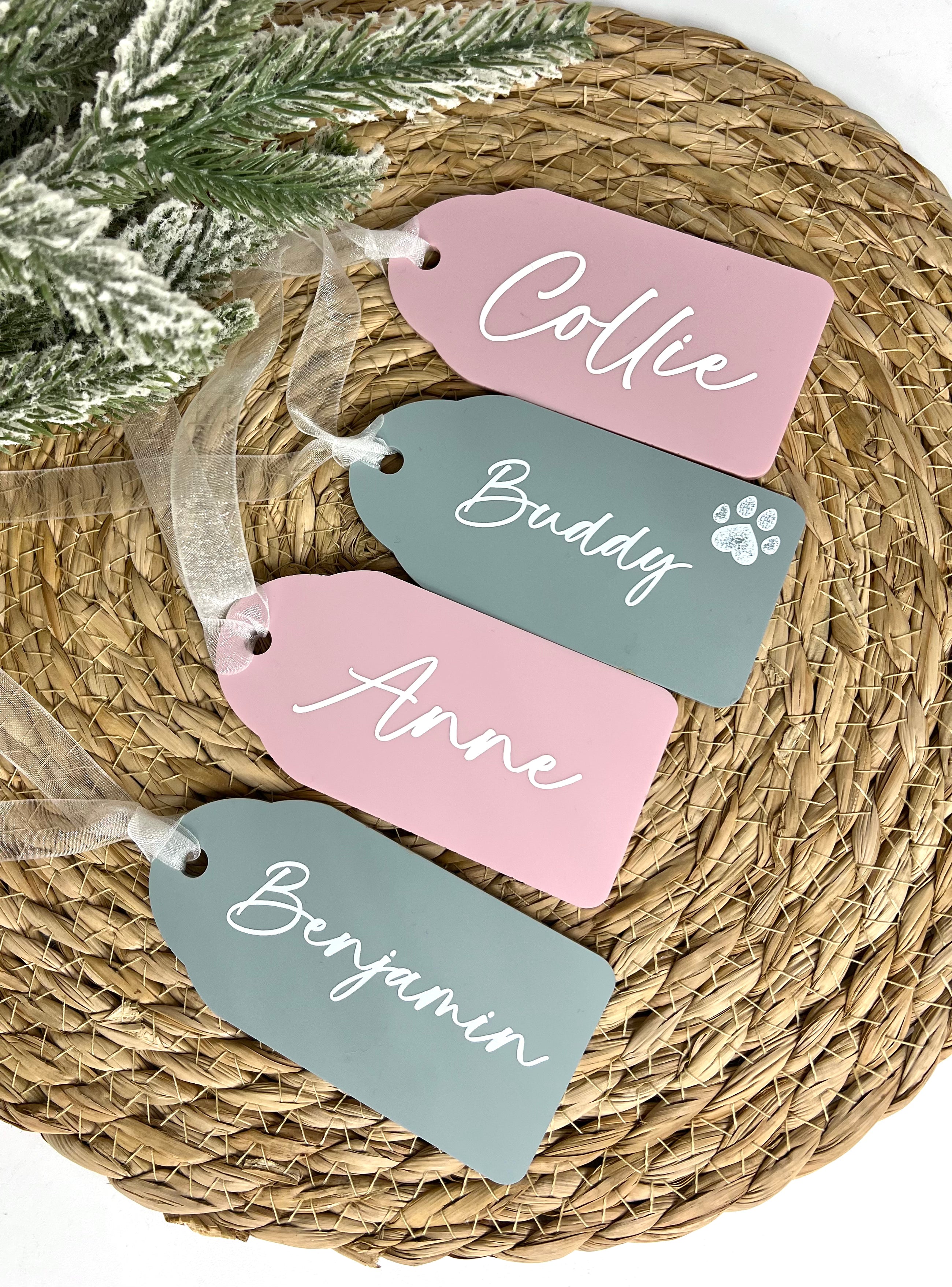 Elegant Dusty Rose & Eucalyptus Acrylic Stocking Tags
