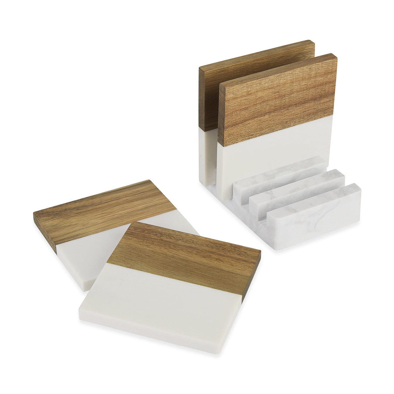 Acacia Wood & Marble Coasters – Natural Stone Drink Coasters – Personalized Engraved or UV Printed Coaster Set – Housewarming & Client Gift