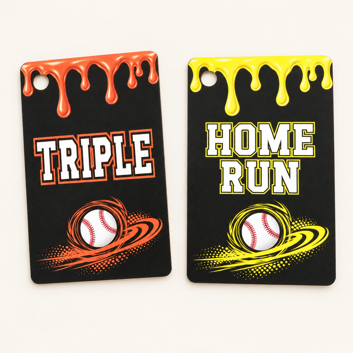 Orange Triple and yellow Home Run baseball achievement bag tags with colorful drip designs and white baseball graphics.