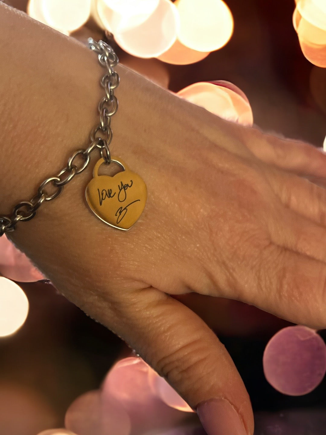 Stainless Steel Heart Charm Bracelet - Custom Handwriting