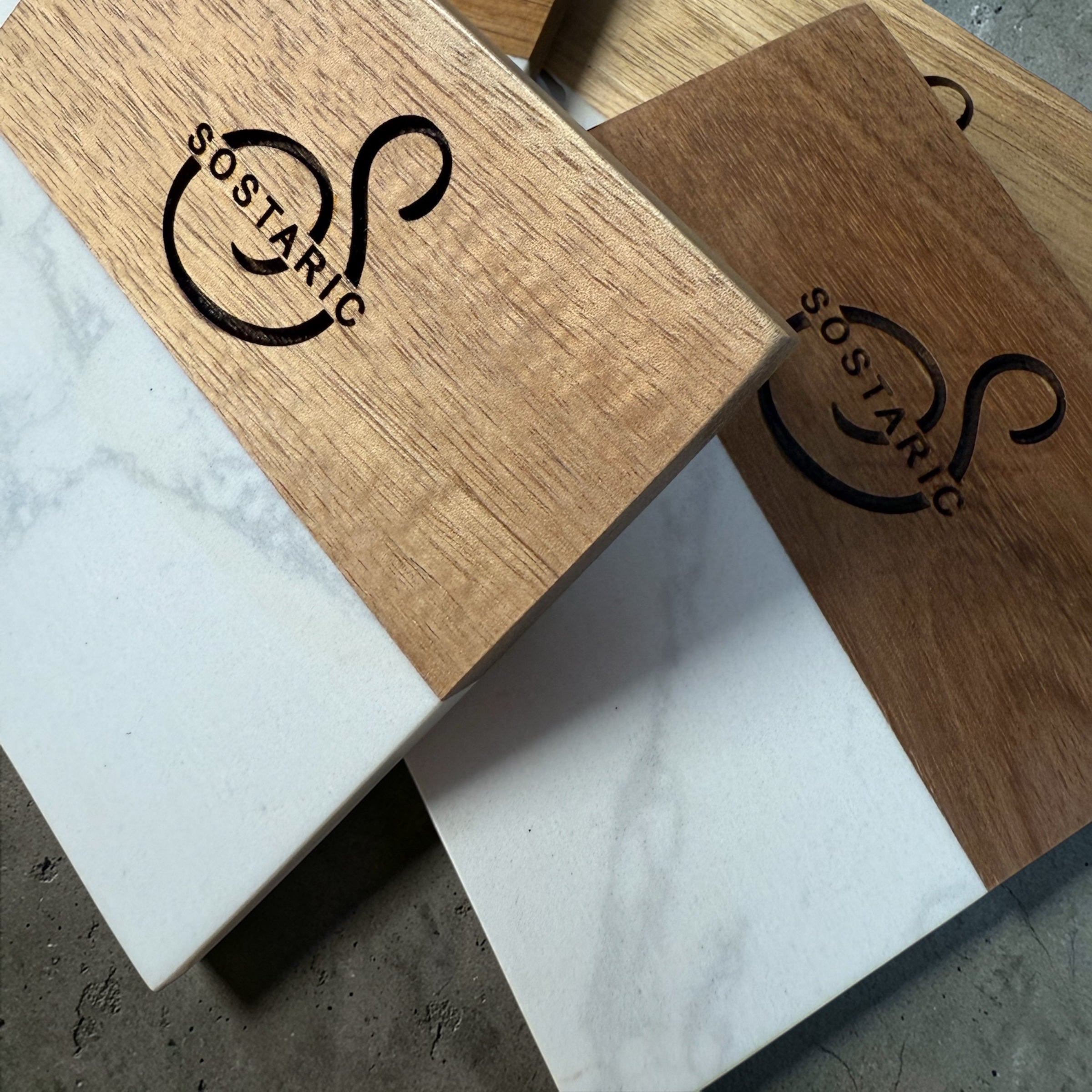 Acacia Wood & Marble Coasters – Natural Stone Drink Coasters – Personalized Engraved or UV Printed Coaster Set – Housewarming & Client Gift