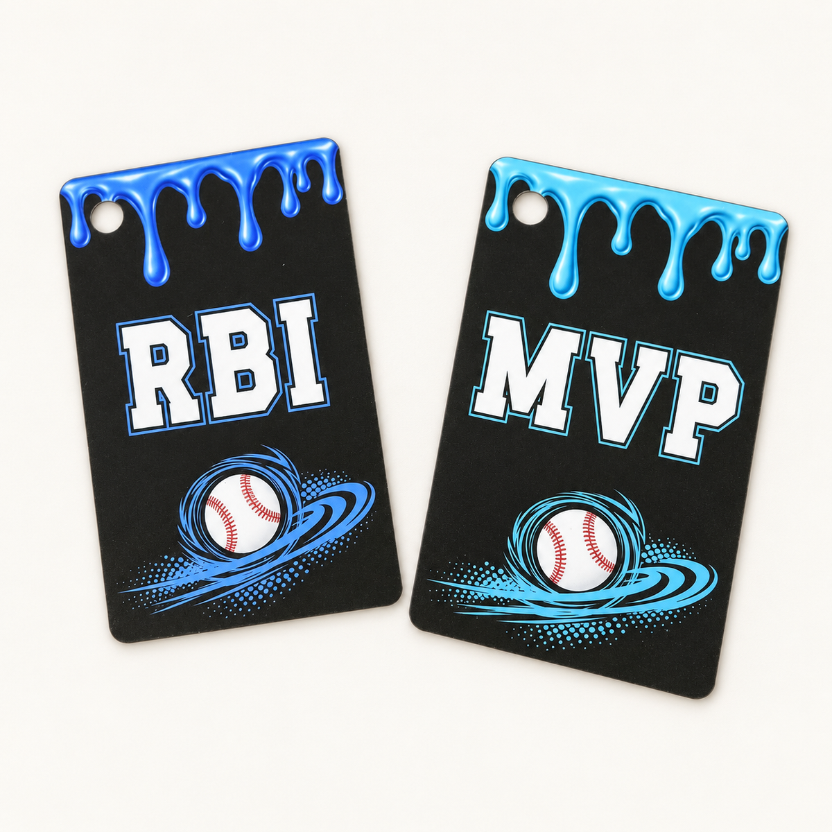 Blue RBI and turquoise MVP baseball achievement bag tags with colorful drip designs and white baseball graphics.