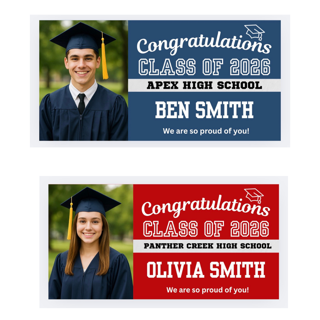 Horizontal Pre-Designed Graduation Banners-Custom 13oz Vinyl Banners–Durable, Professional, Fast Turnaround